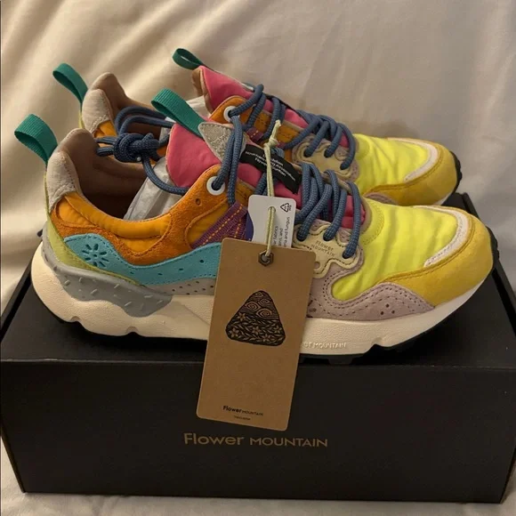 NWT Flower Mountain YAMANO 3 Yellow Light Lime Pink Suede Trainers - Picture 11 of 16